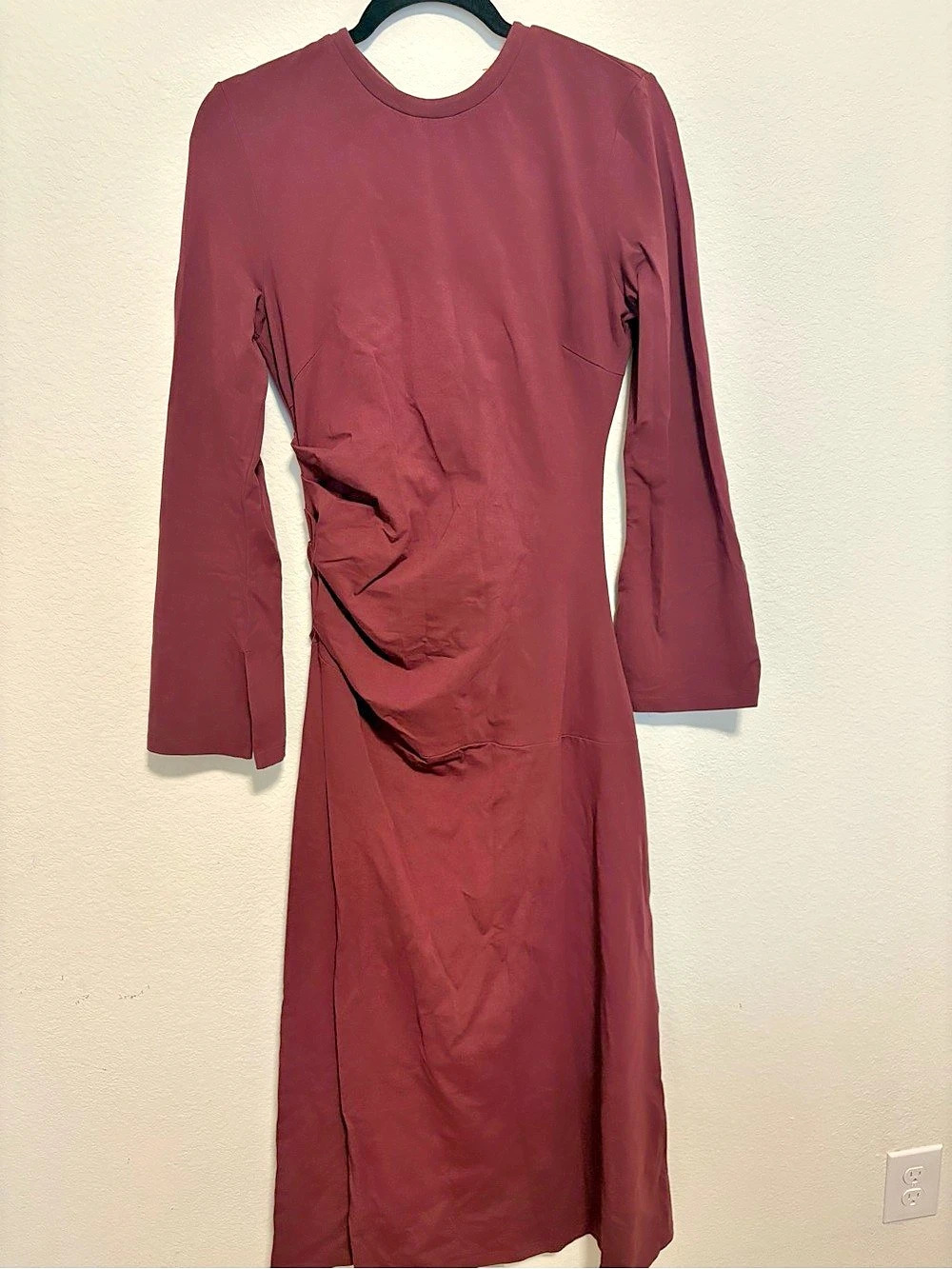 Veiled Long Sleeve Ruched Maxi Dress Ruched Maxi Dress in Burgundy Size Medium